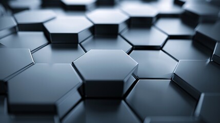 A futuristic 3D background with layered hexagonal tiles in metallic shades, creating depth and texture with ample copy space in the center