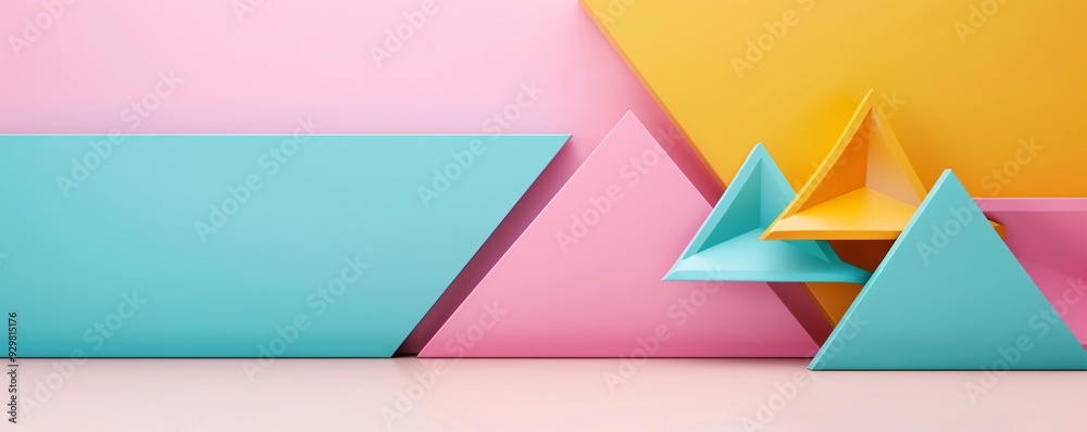 Poster a striking 3d design of overlapping triangles in bold primary colors, creating a visually engaging l