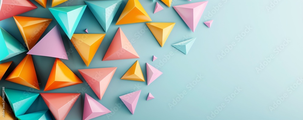 Poster a striking 3d design of overlapping triangles in bold primary colors, creating a visually engaging l
