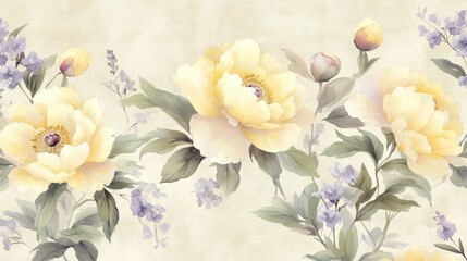 A delicate watercolor illustration of yellow peonies and purple flowers on a soft background.