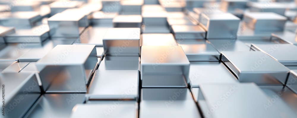 Poster a dynamic 3d geometric pattern of cubes and pyramids in metallic hues, creating a futuristic look wi