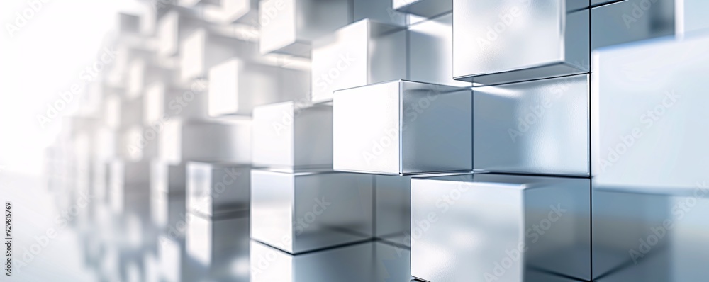 Poster a dynamic 3d geometric pattern of cubes and pyramids in metallic hues, creating a futuristic look wi