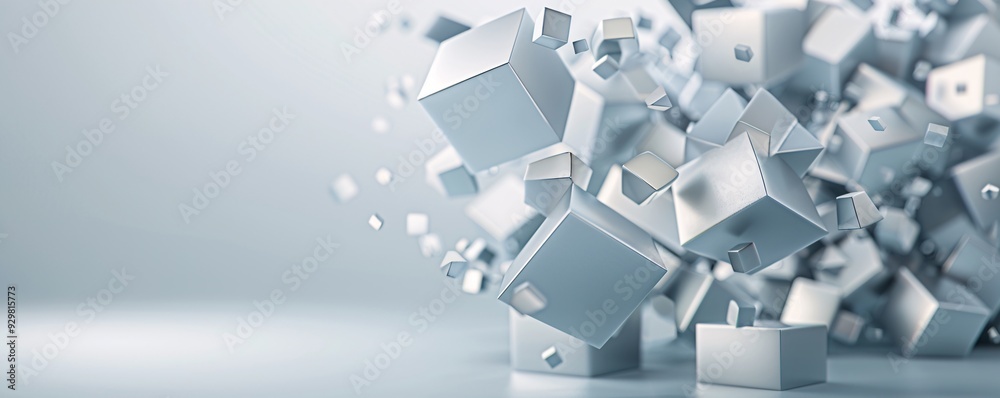 Poster a dynamic 3d geometric pattern of cubes and pyramids in metallic hues, creating a futuristic look wi