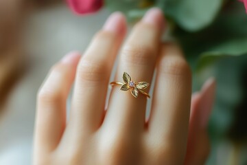 Fototapeta premium Close-up of a delicate gold ring with a leaf design and gemstone, worn on a hand with manicured nails.