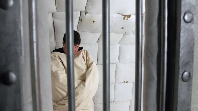 A distressed crazy man in a strait jacket rocking in a padded room, viewed through metal prison bars. Mentally ill asylum patient in institutional confinement