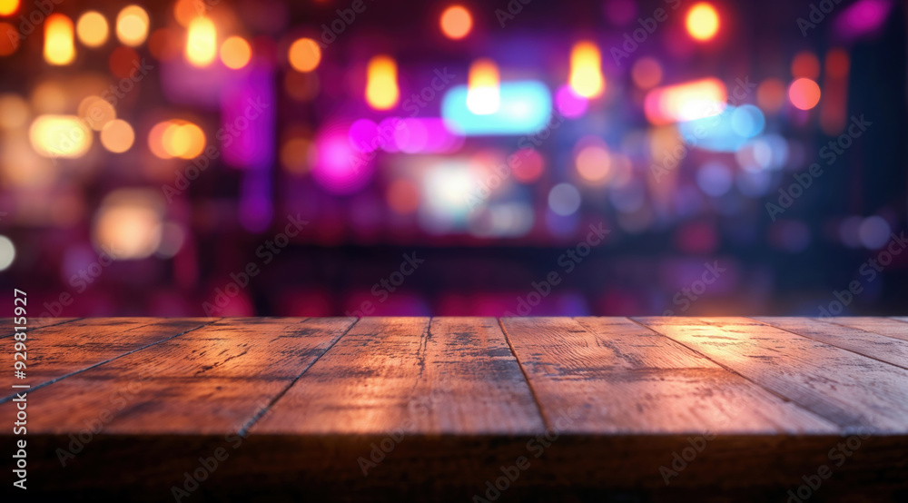 Poster Empty wooden table top showing blurred restaurant or bar background with colorful bokeh lights