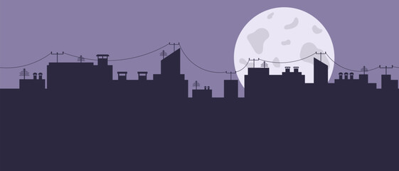Obraz premium Horizontal city black panorama with violet sky and big full moon on back. Silhouettes of high-rise buildings on city street with antennas, wires. Full moon night in city. Minimalists city landscape.