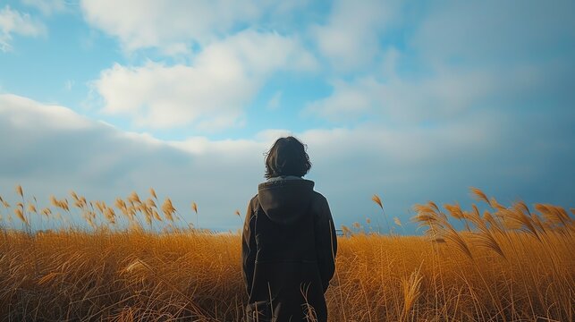 A solitary figure stands in a field of tall grass, gazing at the sky.  The vastness of the field and sky evoke a sense of contemplation and peace.