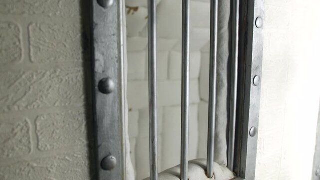 A crazy mad man in a straitjacket is seen through metal bars of an asylum yelling. Confinement within a padded cell, conveying themes of mental instability and imprisonment