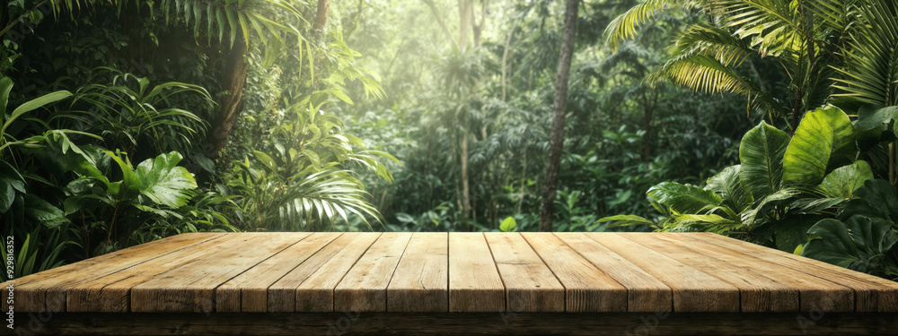 Poster empty round wooden platform displaying tropical green forest background in the morning for product p