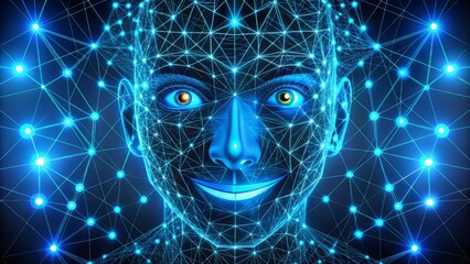 Stylized geometric pattern of interconnected shapes forms a futuristic face with glowing blue eyes and a subtle, mysterious smile on a dark background.