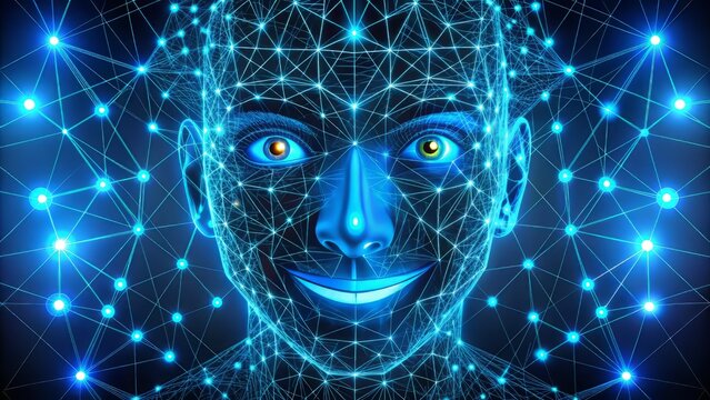 Stylized geometric pattern of interconnected shapes forms a futuristic face with glowing blue eyes and a subtle, mysterious smile on a dark background.