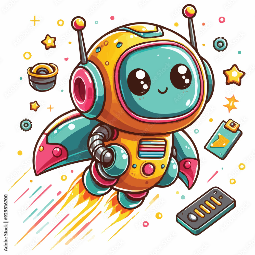 Wall mural Cute cartoon robot flying