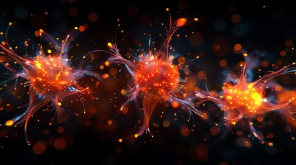 Abstract 3D rendering of glowing cells and neural connections on a dark background.