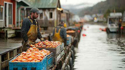 Obraz premium Fishermen unloading their catch at a dock, with clean facilities and modern equipment, captured in high resolution.