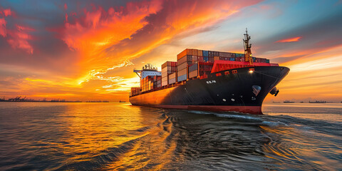 Naklejka premium Cargo ship sailing at sunset with vibrant colors in the sky reflecting on water