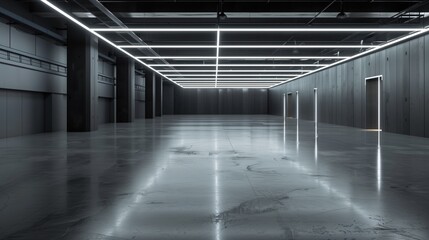 Modern industrial warehouse with polished cement floor and sleek LED ceiling lights. Concepts of contemporary architecture, spacious storage solutions, and industrial design.