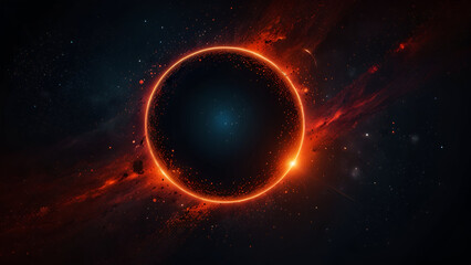 Background with red circle, dark disk, and a cosmic scene with red-orange dots and stardust, evoking a science fiction black hole and event horizon. Perfect for wallpaper or banners."
