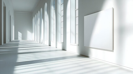 Fototapeta premium A minimalist gallery space with large windows and a blank canvas.