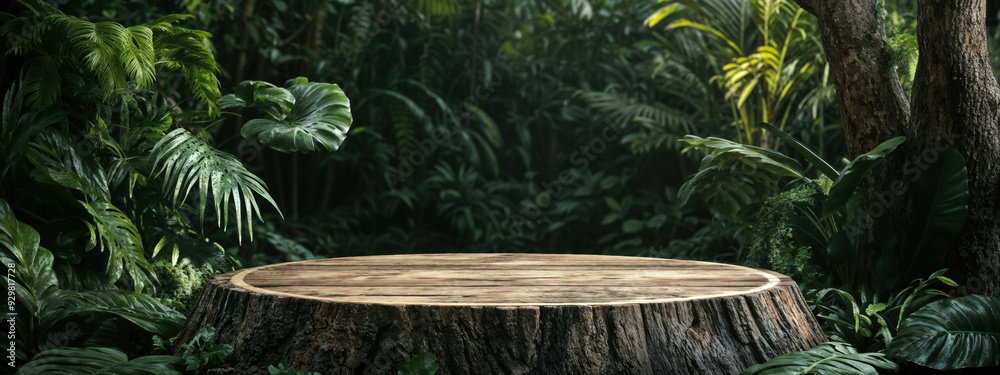 Poster empty round wooden platform podium on a tree trunk with tropical leaves is a perfect background for 