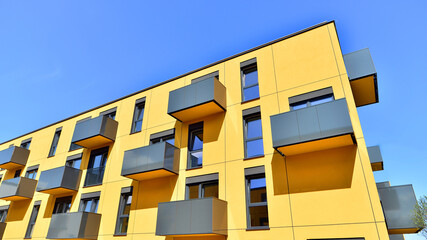 Modern architecture of urban residential apartment buildings on a sunny day. Facade of a modern apartment building.