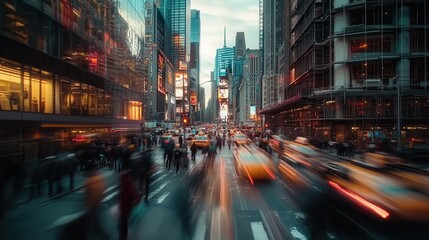 Fototapeta premium Busy City Street at Night with Blurry Lights and People in Motion.
