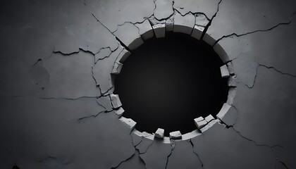 Broken hole dark gray wall texture background fracture.