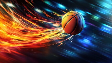 A dynamic basketball in motion with vibrant trails of color representing speed and energy.