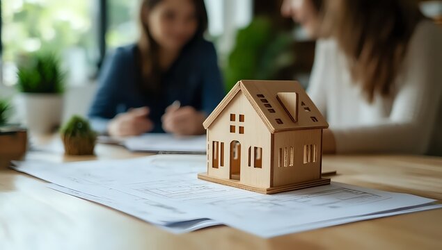 Building a Dream Home: A Wooden Model House Stands on a Tabletop Blueprint