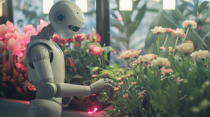 Futuristic Robot Tending to Flowers in a Modern Garden Setting with Soft Lighting and Vibrant Colors