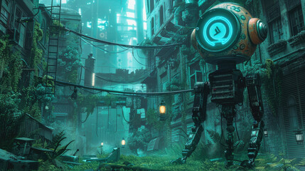 Futuristic Robot Exploring an Overgrown Urban Environment with Neon Lights and High-Tech Elements