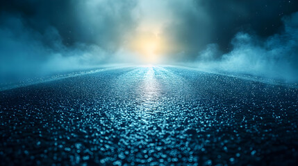 A misty road leading towards a bright light in the distance.