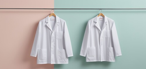 Lab coats hanging on a minimalist pastel background.