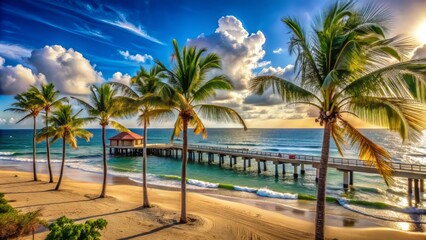 Sunny day at Fort Lauderdale Beach, palm trees sway in the breeze alongside the picturesque pier, calm ocean waves crash on the shore.