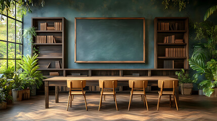 A modern classroom with a wooden table, chairs, and plants.