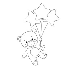 Cute baby bear flying with balloons. Vector funny outline sketch drawing for childish coloring book or page.