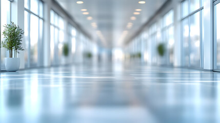 A modern corridor with glass walls and potted plants.