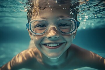 Naklejka premium A portrait of a child wearing swimming goggles having fun in a pool on summer holiday