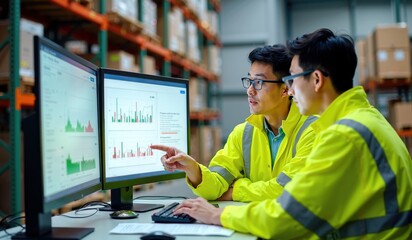 Japanese Logistics Team Analyzing Inventory Data on Dual Monitors in a Warehouse Setting