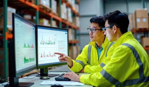 Japanese Logistics Team Analyzing Inventory Data on Dual Monitors in a Warehouse Setting