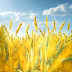 Fototapeta premium tall-and-yellow-wheat-plants-bright-blue-sky-background