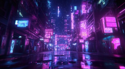 Fototapeta premium Neon-Drenched Cityscape Under a Rainy Night