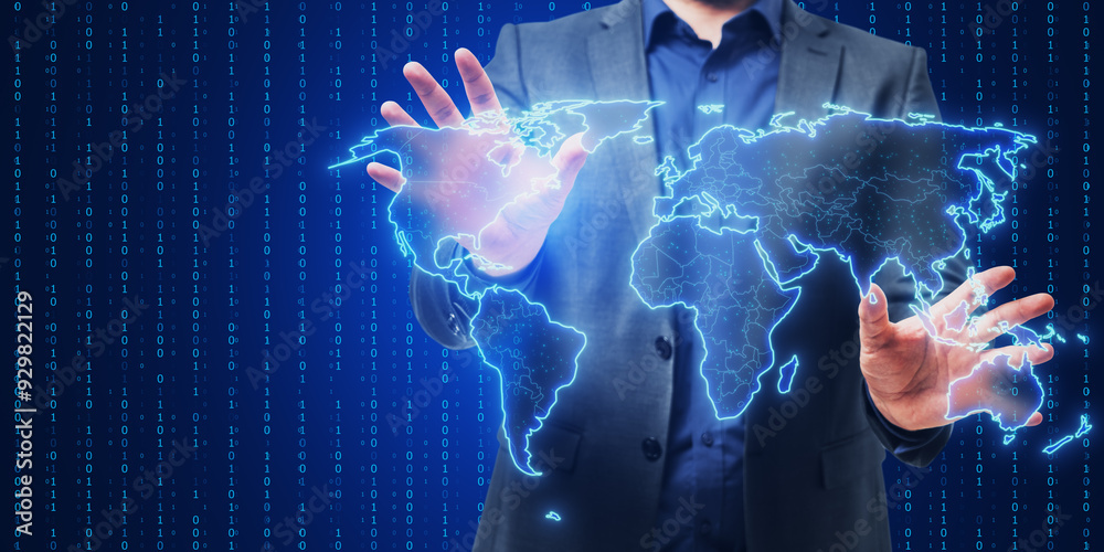 Aufkleber close up of businessman hands using glowing polygonal map hologram on blue background. innovation an