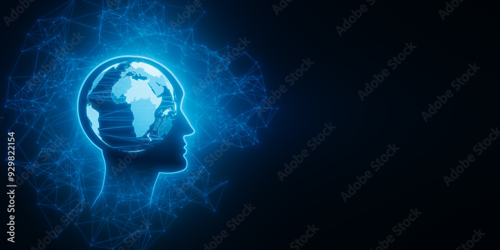Poster Creative glowing blue world map inside head outline hologram on dark background with mock up place. Think, business, brainstorm and global technologies concept. 3D Rendering.