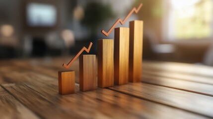 A visual representation of business growth, featuring rising bar graphs made of wood, symbolizing increasing success over time