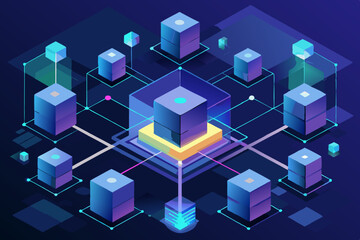 Isometric 3D cityscape with interconnected buildings symbolizing social network connections, business and technology integration