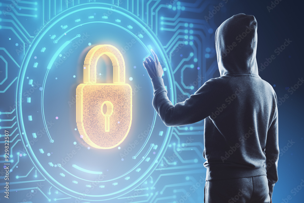 Aufkleber Hacker in hoodie using glowing digital padlock in circular tech hologram on blurry background. Security, hacking and protection concept. Double exposure.