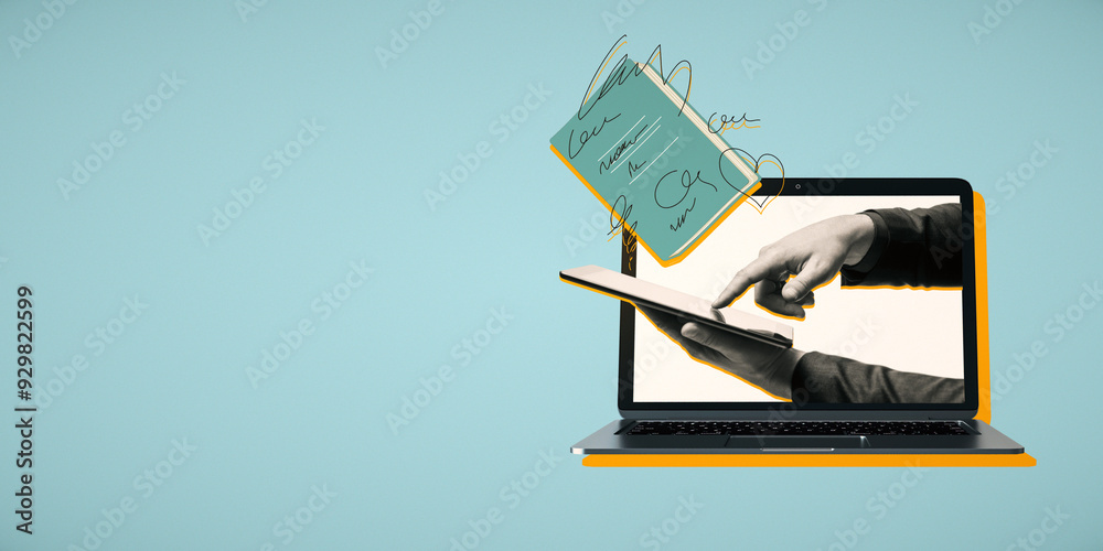 Poster close up of male hand using tablet with abstract drawn notepad on blue background with mock up place