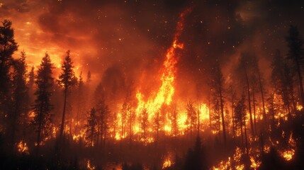 Naklejka premium A dramatic forest fire engulfs trees, with flames rising and smoke filling the sky, depicting the destructive power of wildfires