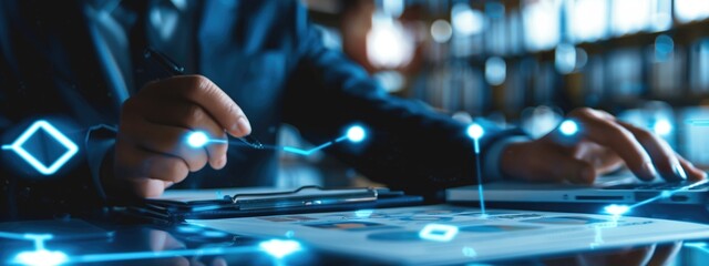 Business professional analyzing digital graphs with smart pen on desk, surrounded by holographic icons. Concepts of technology, finance, and data-driven decision making.